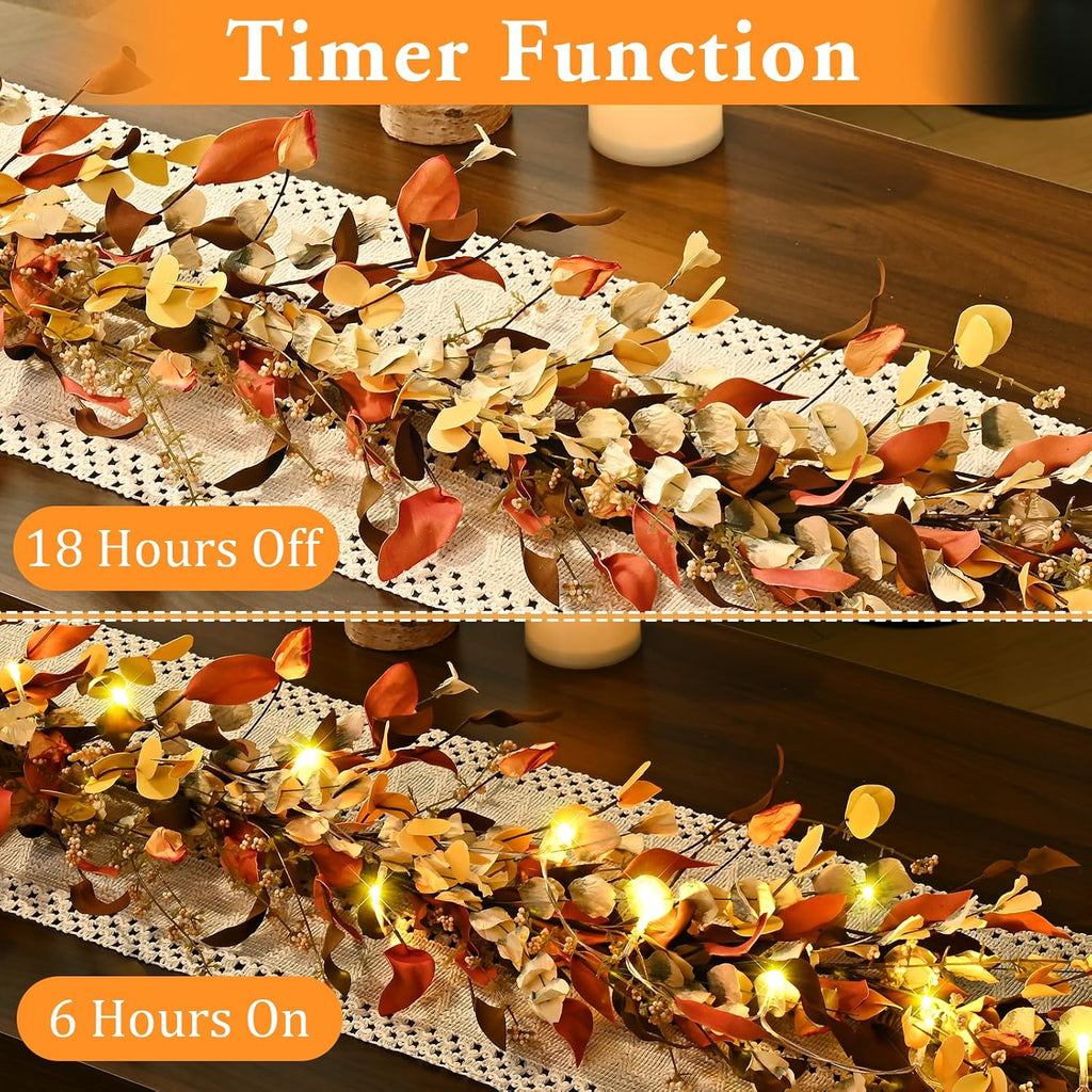 Fall Decor, Fall Garland with Lights, 6FT Autumn Eucalyptus Leaves Lighted Garland Thanksgiving Harvest Festival - Set of 6
