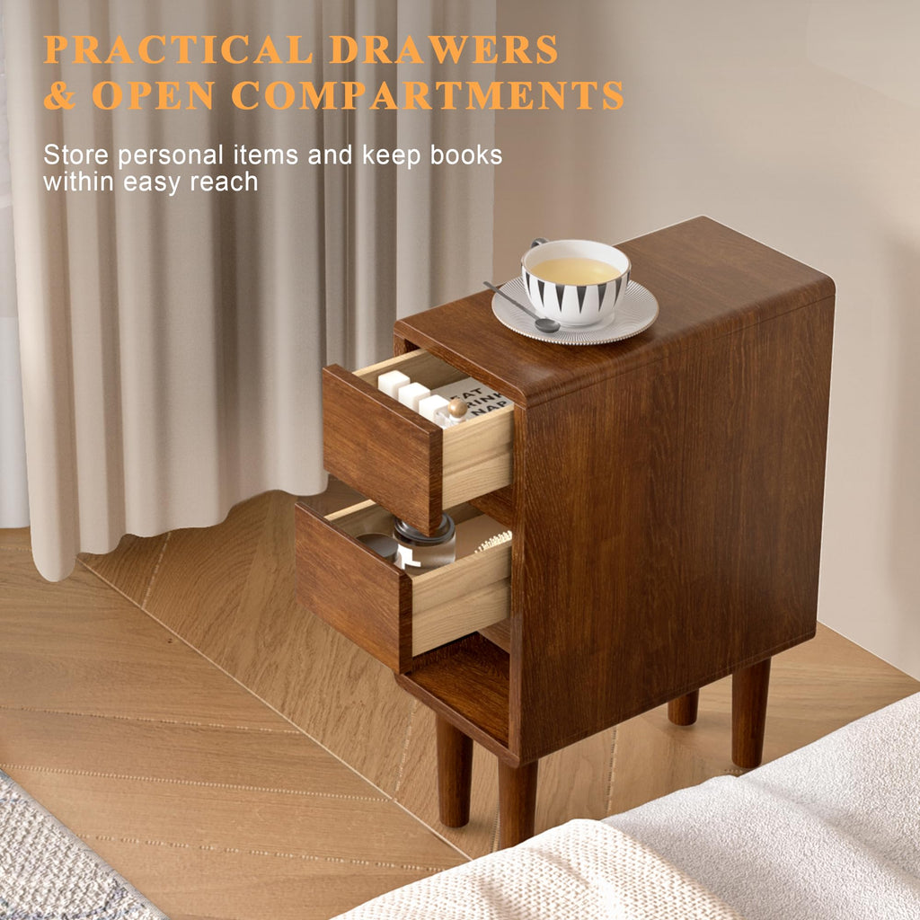 Narrow Nightstand 2 Drawers with Open Shelf Narrow Night Stand Solid Wood Bedside Table Mid Century Modern Nightstand