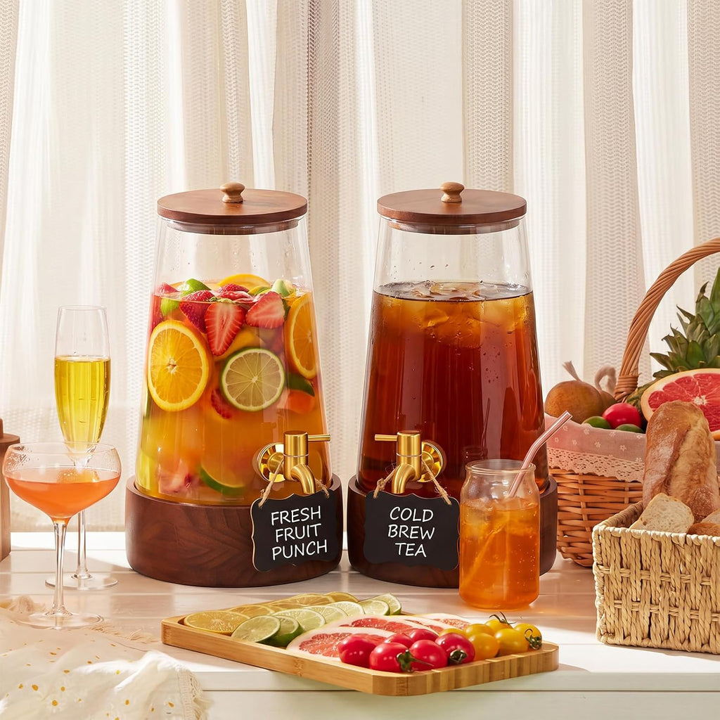 Sets 2 Gallon Glass Drink Dispenser for Parties Large Beverage Dispenser with Wooden Base Stand & Stainless Steel - Set of 2