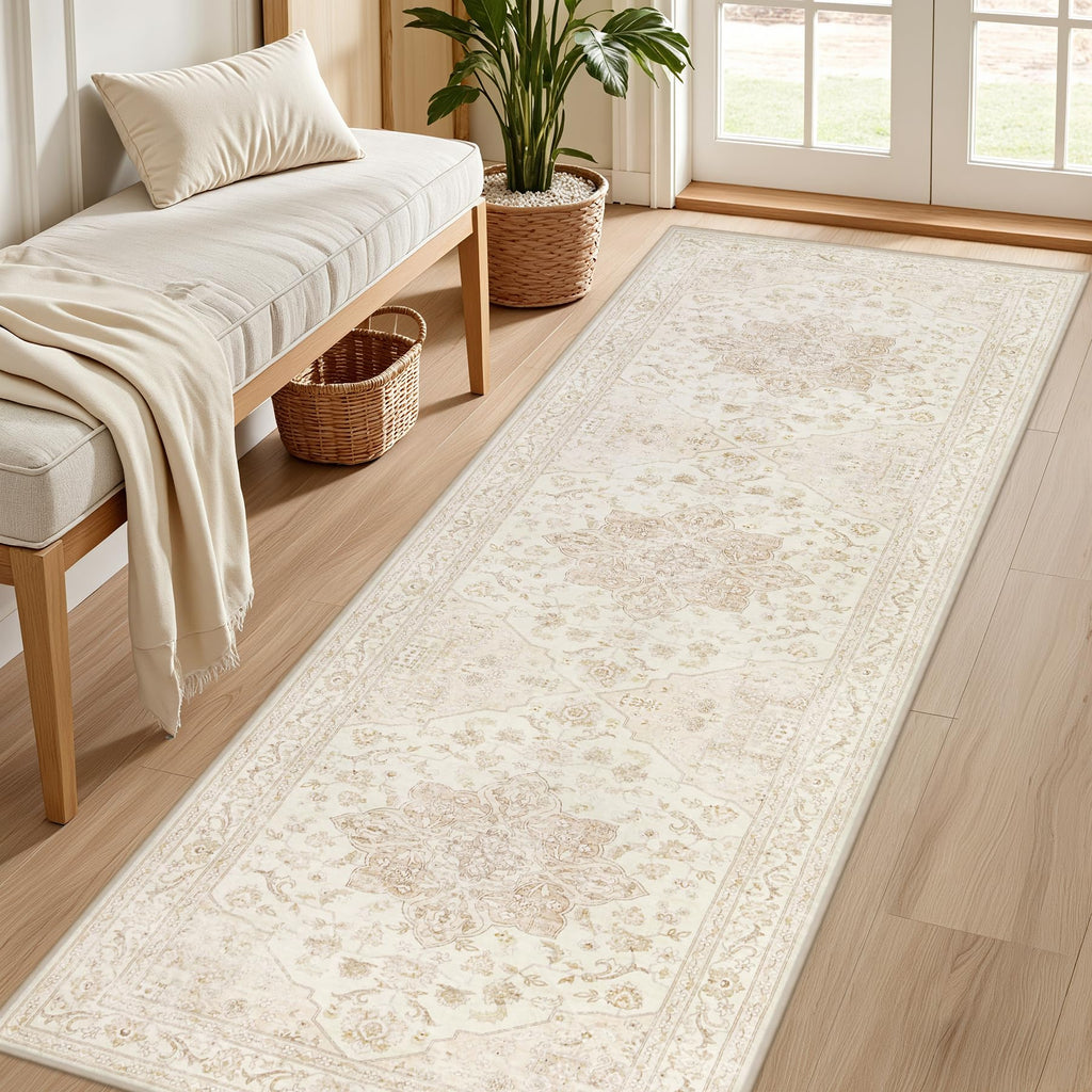 2x14 Hallway Washable Runner Rug: Kitchen Carpet Beige White