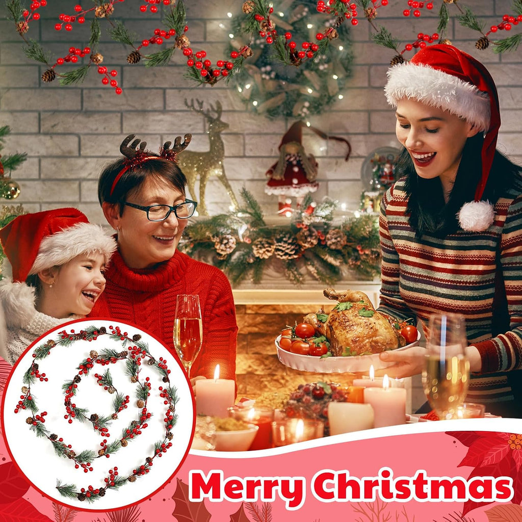 2 Pcs 19.68 ft Christmas Garlands Total Smokey Pine Garland with Red Berry Pine Cone Christmas Greenery Garland
