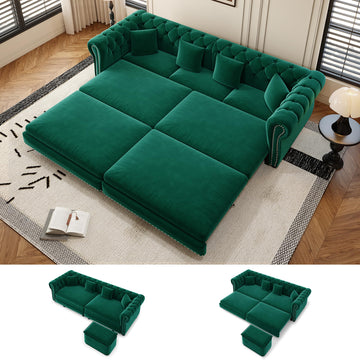89'' Pull Out Couch King, Velvet Chesterfield Sleeper Sofa Bed, Green