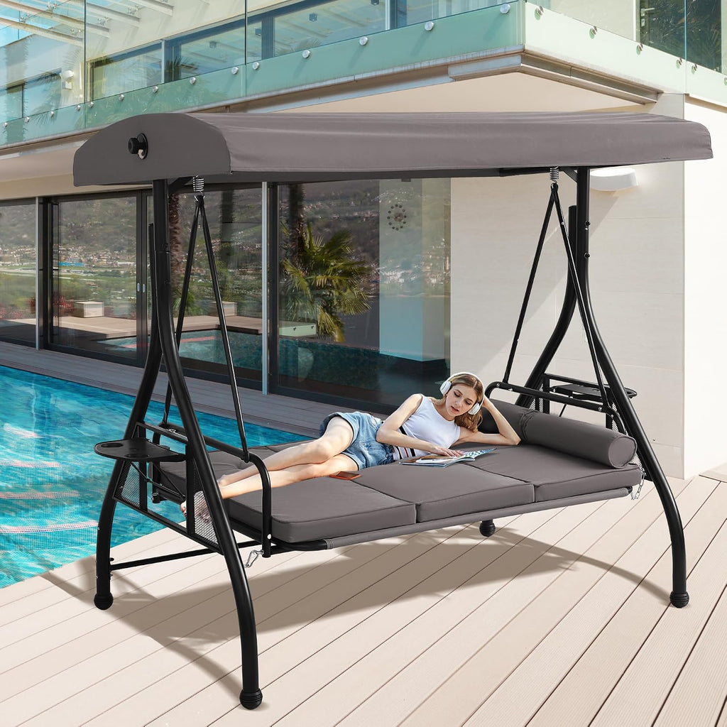 Porch Swings with Adjustable Canopy, 3 Seat Outdoor Swing Bed, Gray | Heavy Duty Porch Glider Bench with Stand
