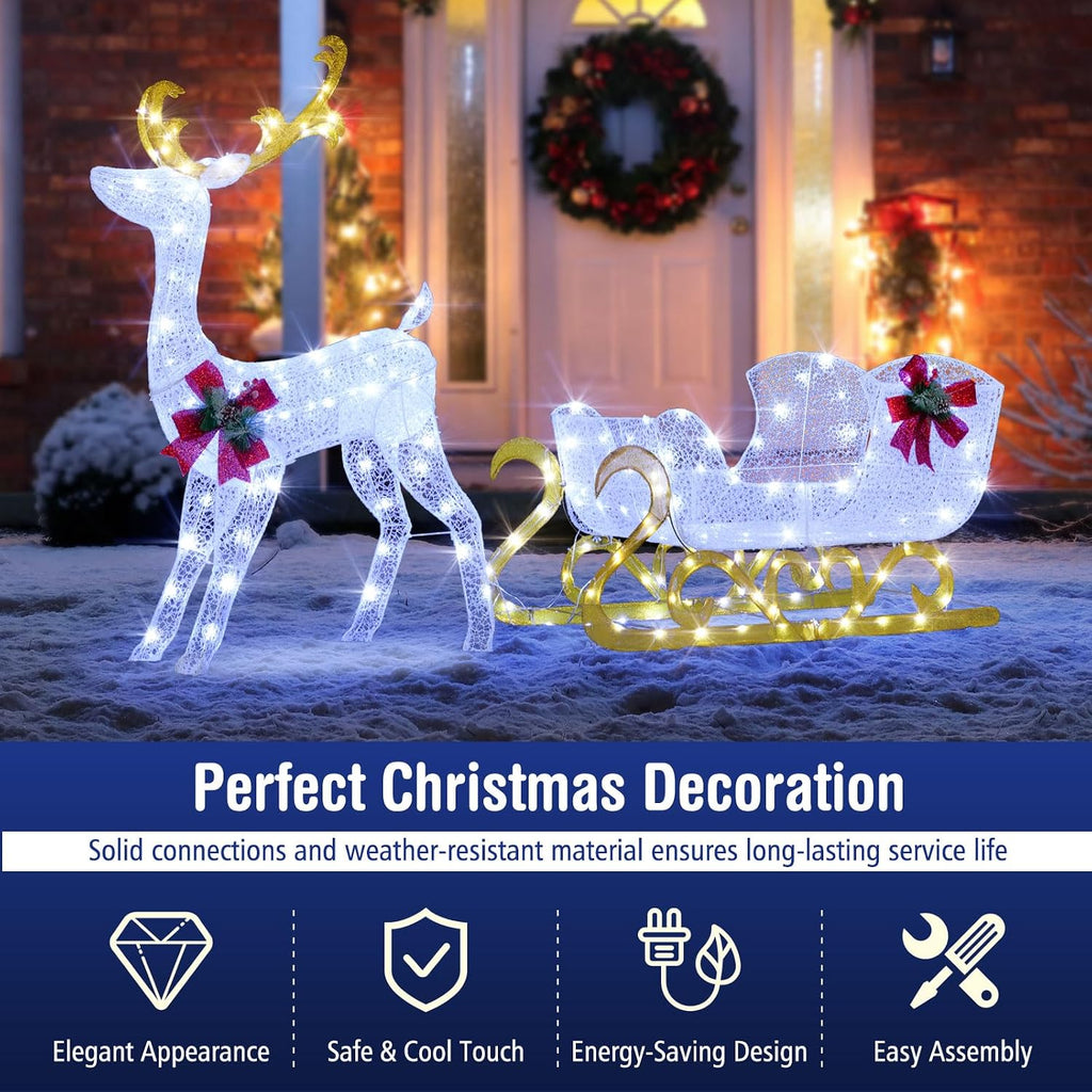 6 FT Christmas Lighted Reindeer & Santa's Sleigh Set, Cold White