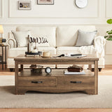 Farmhouse Coffee Table with Storage, Wood Coffee Table, Open Display Area and Storage Drawers with Metal Handles