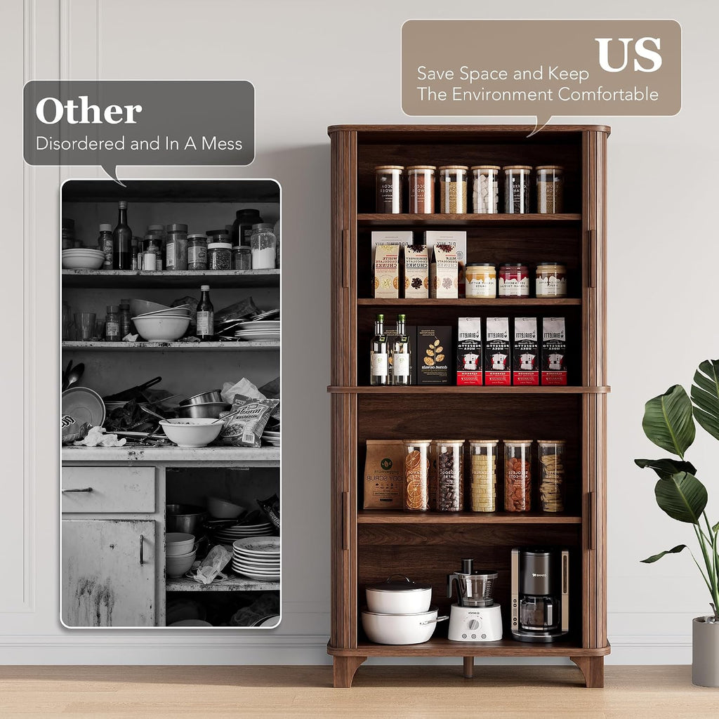 69" Tall Kitchen Pantry Storage Cabinet with Sliding Door, Modern Curved Edge Pantry Storage Cabinet with 5 Shelves