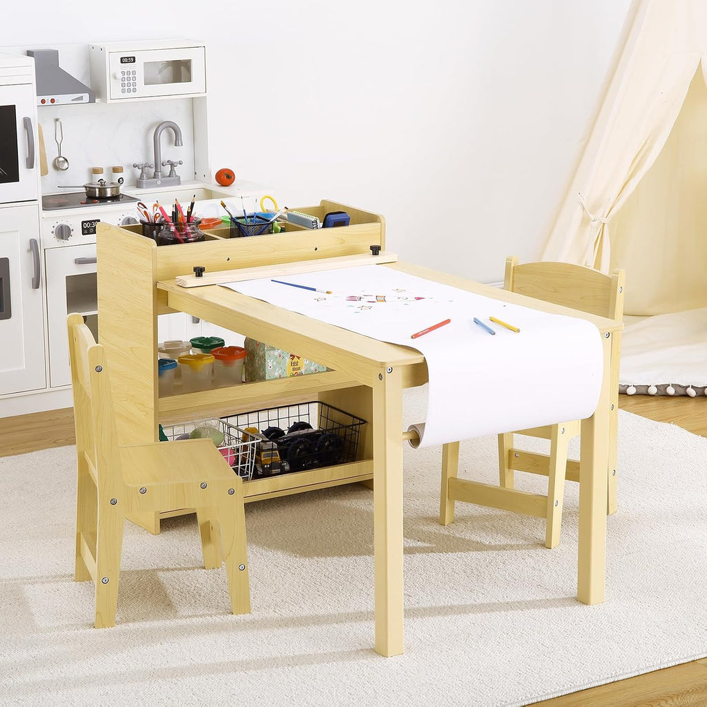 Versatile Kids Art Table with 2 Chairs, MDF Craft Play Desk with Large Storage & Paper Roller, Adjustable Activity