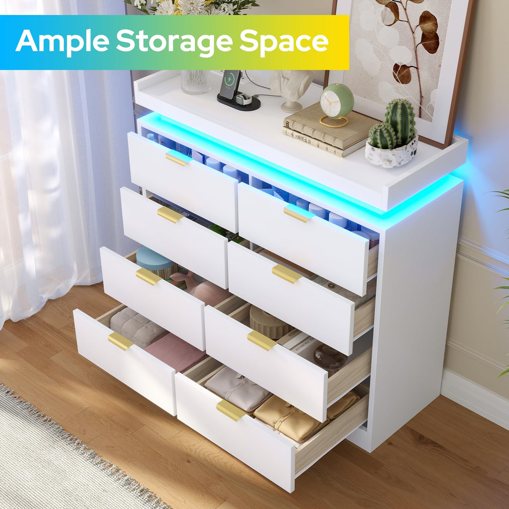 8 Drawer Dresser, White Dresser with LED Lights and Power Outlet, Large Wooden Dressers Modern Chest of Drawers