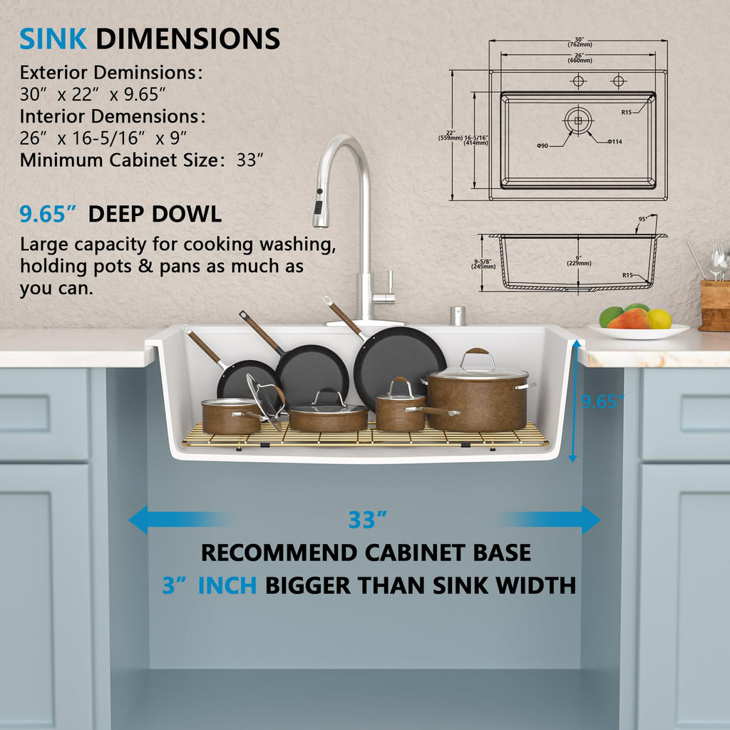 30"x22" Granite Composite Kitchen Sink - White Ledge Workstation Drop In Top-Mount Granite Quartz Classic Luxury