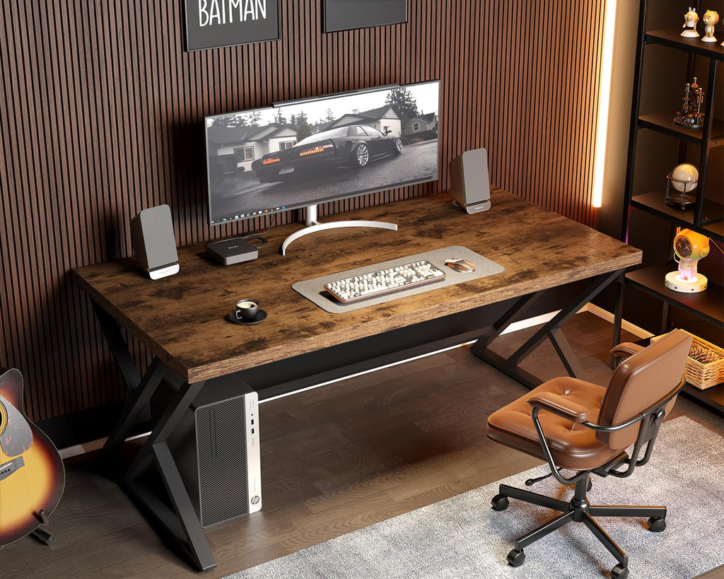 55 Inch Computer Office Desk Metal & Wood Writing Desks Rustic Brown