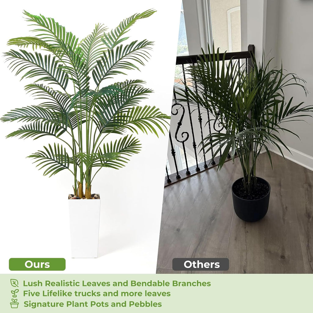 Artificial Palm Trees with Lifelike Natural Trunk, Leaves and Pebbles, 5FT Tall Fake Palm Tree with White Tall