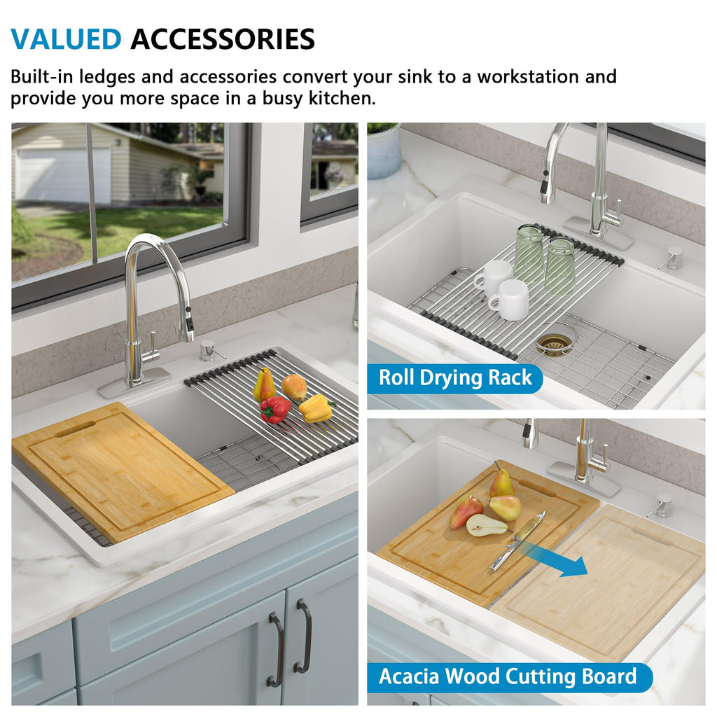 33"x22" Granite Composite - Ledge Workstation Drop In Topmount White Quartz Classic Above Counter Single Bowl Basin