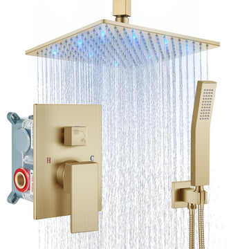 Ceiling Shower Faucet Set with Handheld 12" LED Head Brushed Gold