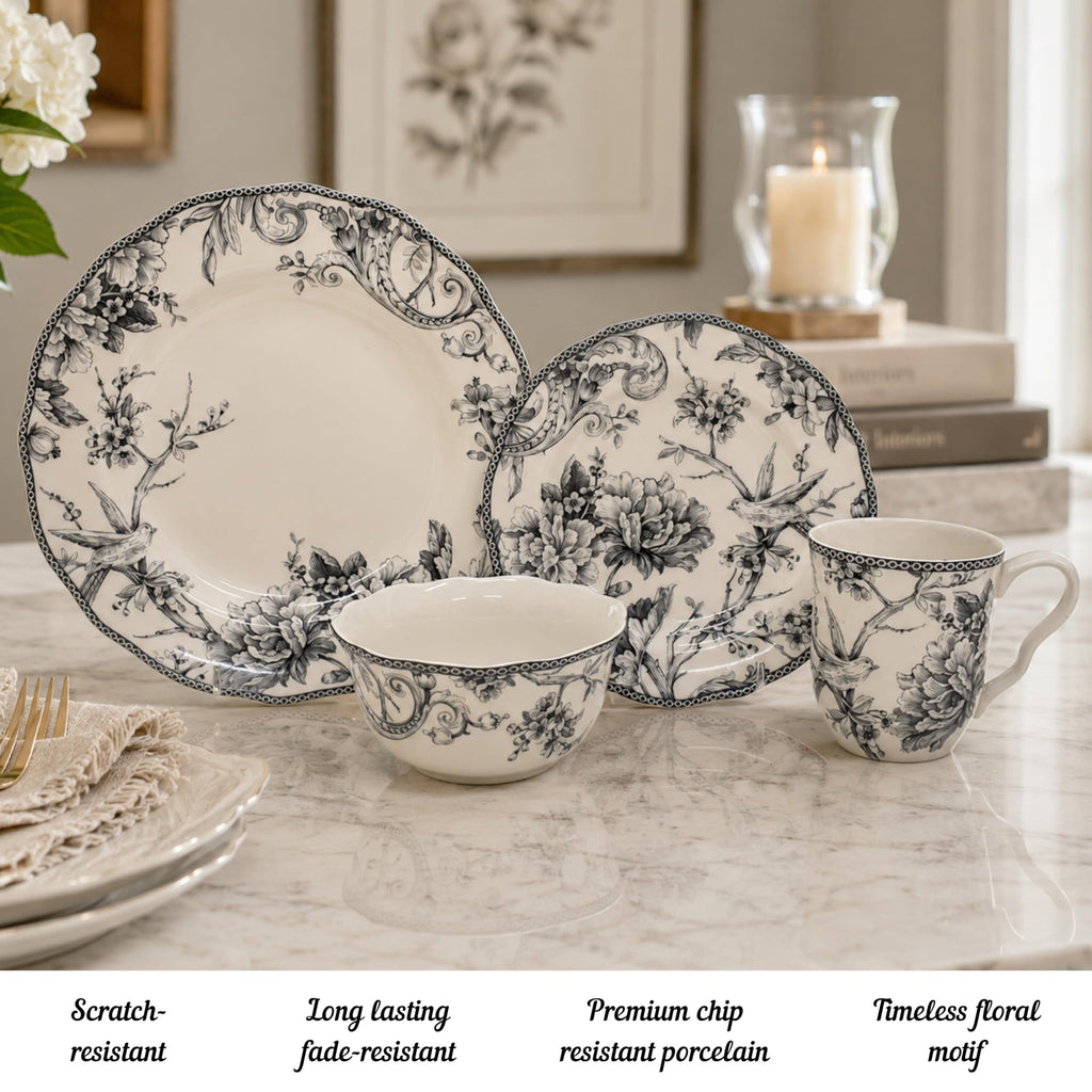Adelaide 16-Piece Casual Grey Porcelain Dinnerware Set - Service for 4, Classic Toile Bird & Floral Design, Microwave