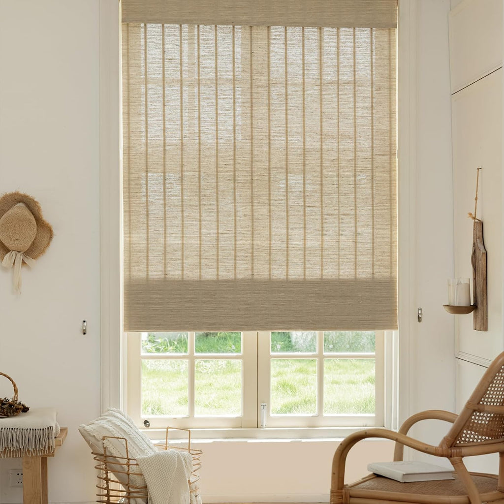 Bamboo Roman Shades, Easy Installation Oatmeal Woven Wood Shades, Cordless Custom Blackout Bamboo Window Shades for Doors Windows