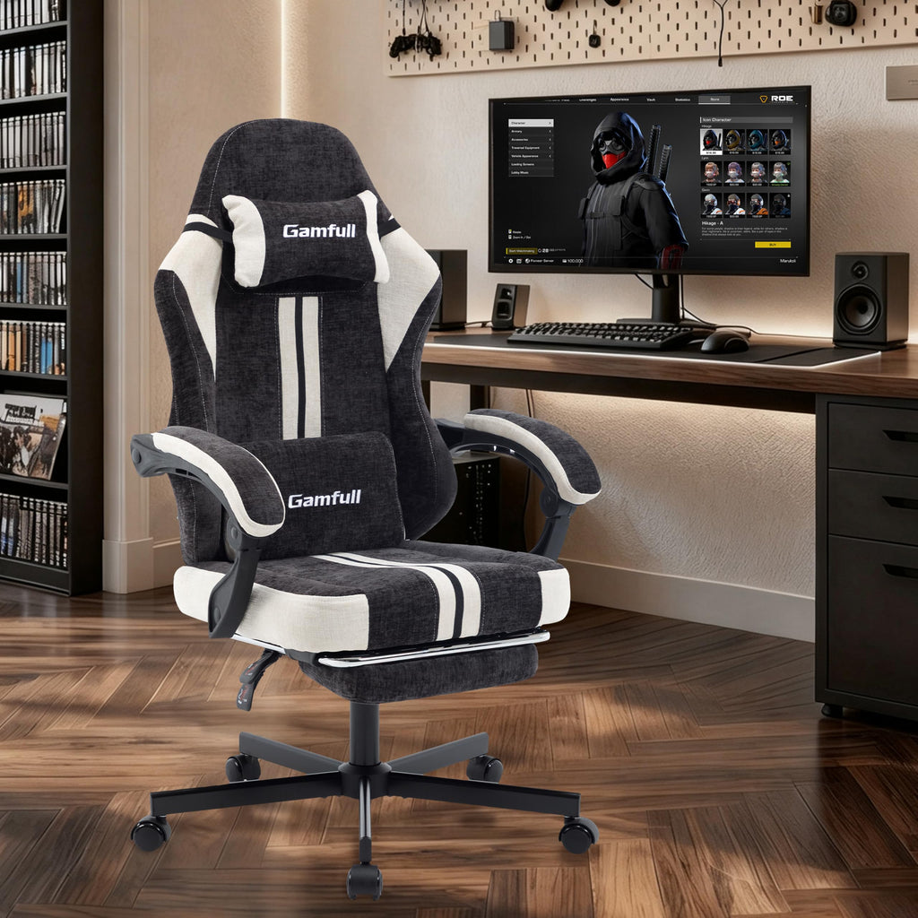 Fabric Gaming Chair for Adults, Video Game Chairs with Footrest, Black&White