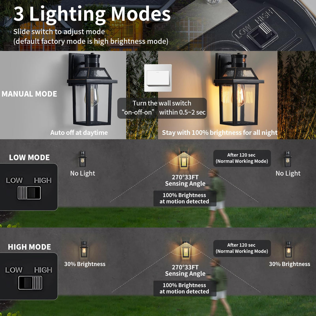 Motion Sensor Porch Light, Dusk to Dawn Outdoor Wall Light, Black, 2 Pack