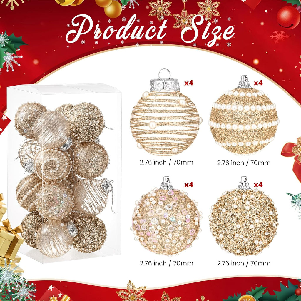 16 Pcs Champagne Gold Christmas Ball Ornaments 2.76" Shatterproof