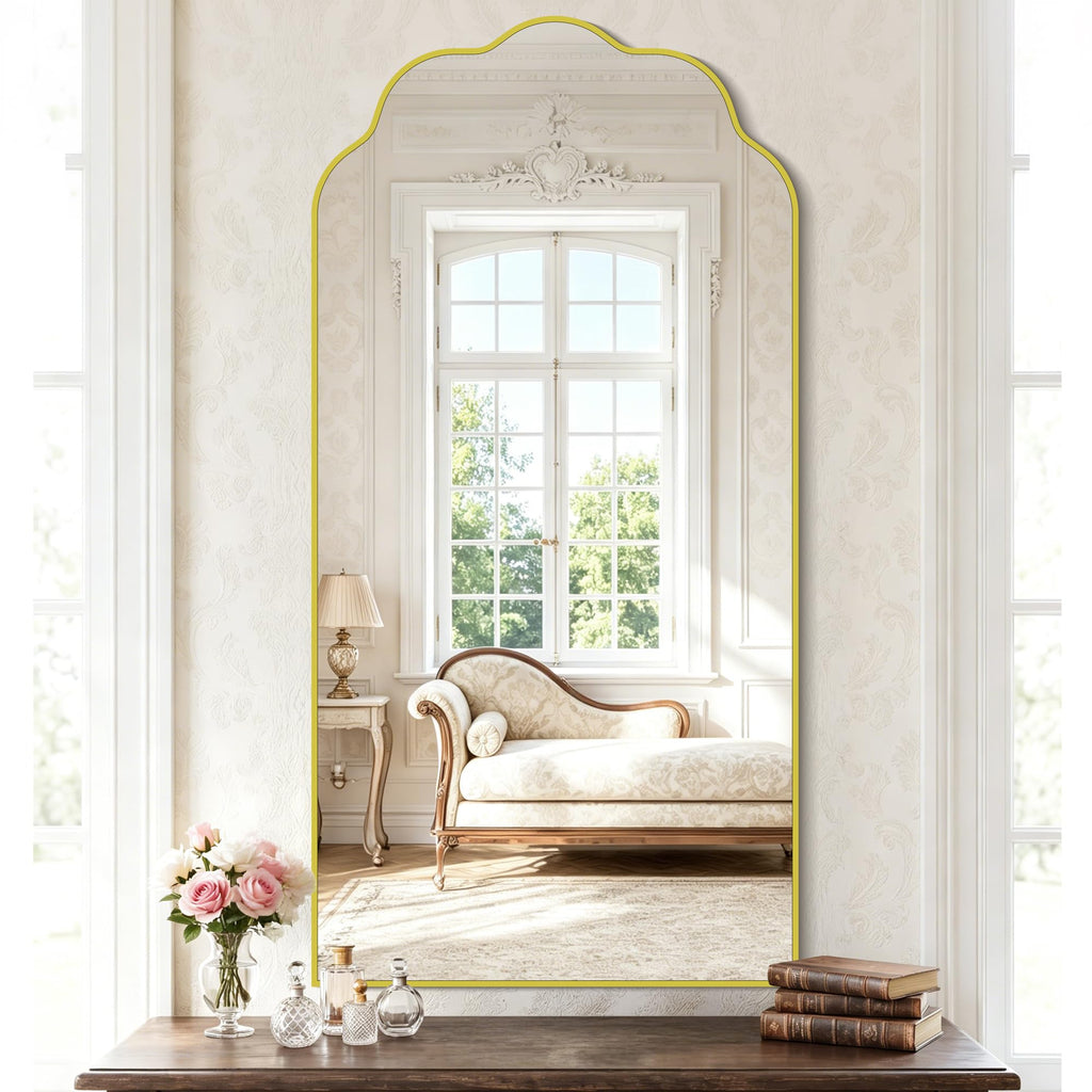 Large Gold Arched Mirror, 24×48Inch Scalloped Mirror, Wavy Wall Mounted Vanity Mirror with Aluminum Alloy Frame