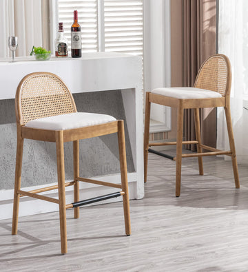 Modern Bar Stools Set of 2, 29 Inches Bar Height Barstools with Rattan Back, Linen Upholstered Kitchen Island Chair