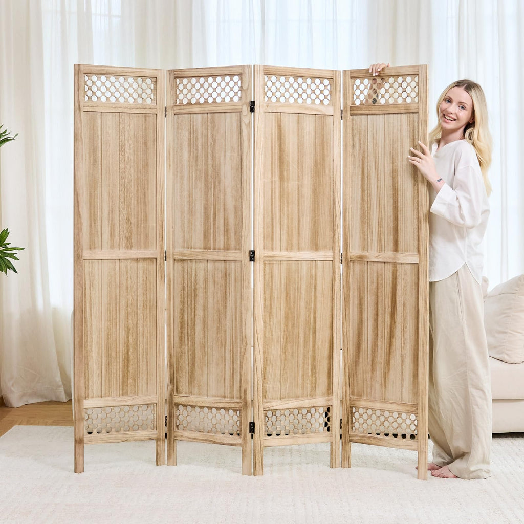 Privacy Screen Room Divider Panel - 67 Inch Tall Natural Wood Folding Partition Room Dividers, No-Assembly Required