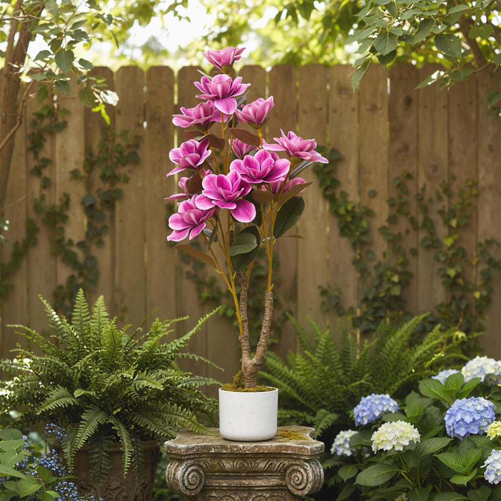 37" Artificial Magnolia Tree, Artificial Realistic Magnolia Grandiflora with White Planter and 12 Lifelike Flowers