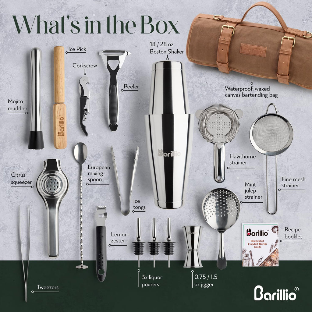 Bartender Kit Bag with Cocktail Shaker Set - Waxed Canvas, Traveling Bar Tools Bag with 17-Pc Cocktail Kit - Travel