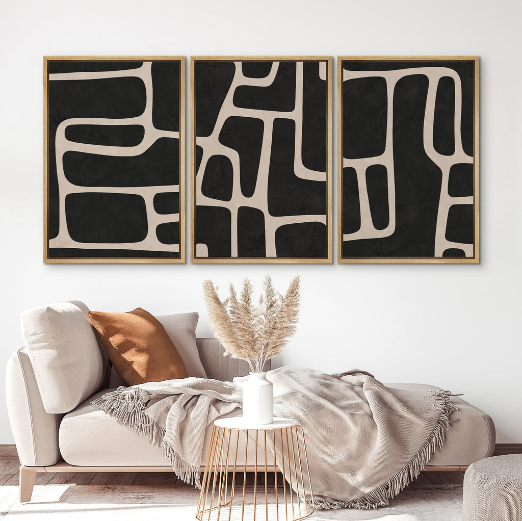 Framed Canvas Print Wall Art Set Black & White Mid-Century Polygon Pattern Abstract Shapes Geometric Illustrations