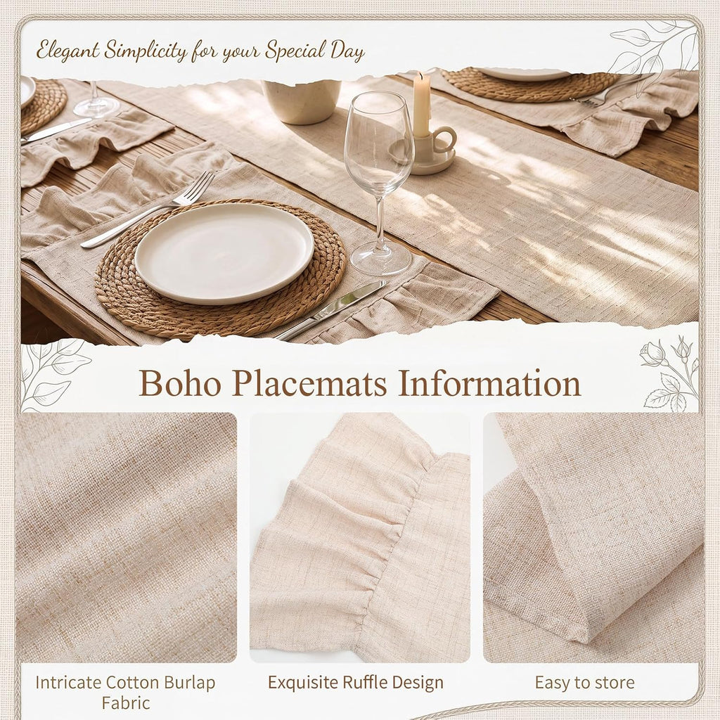 Boho Round Woven Placemats Ruffle Table Runner 13x72 - Set of 13
