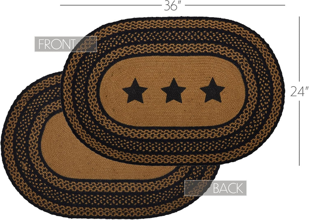 Farmhouse Primitive Jute Black Stenciled Stars Accent Rug Oval w/Floor Pad 24"x36"