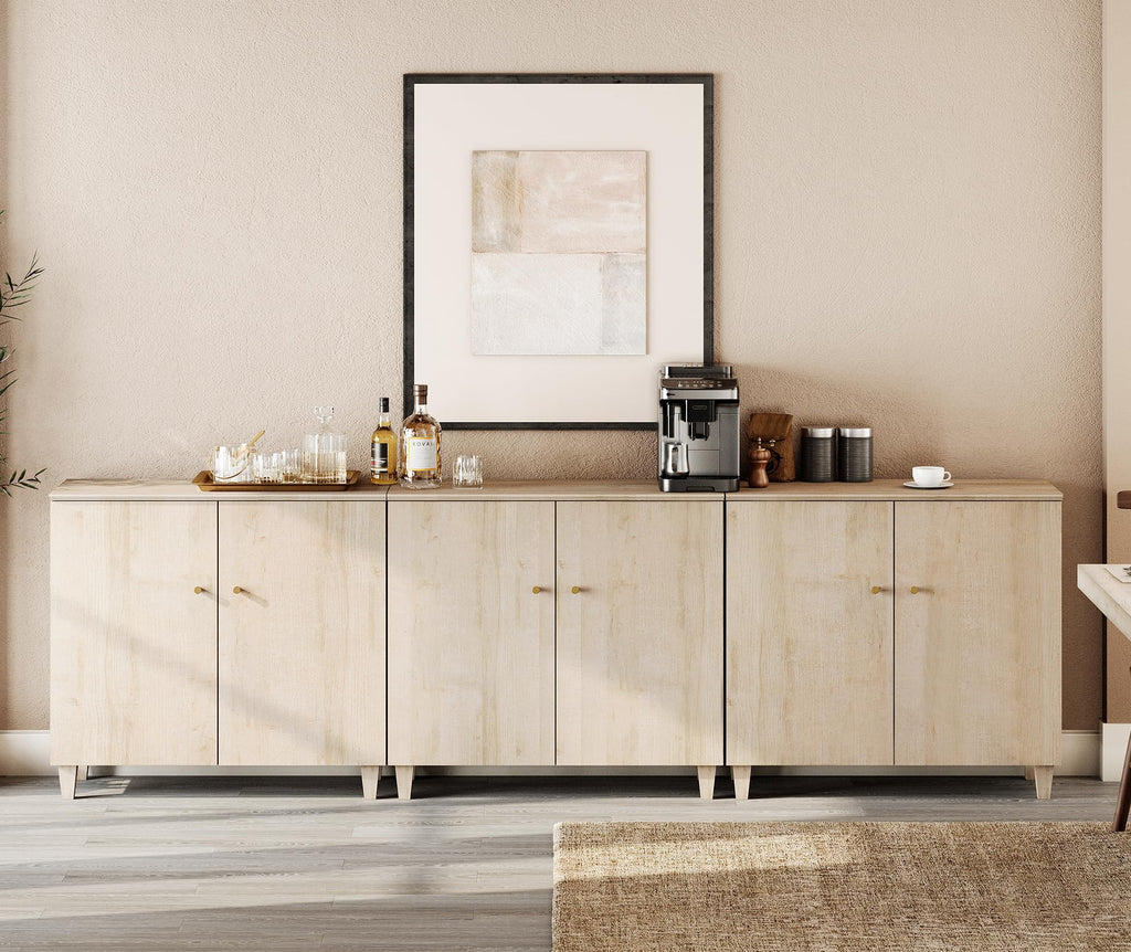 Modern Sideboards Credenza Storage Cabinets, 3 Pieces, Light Oak