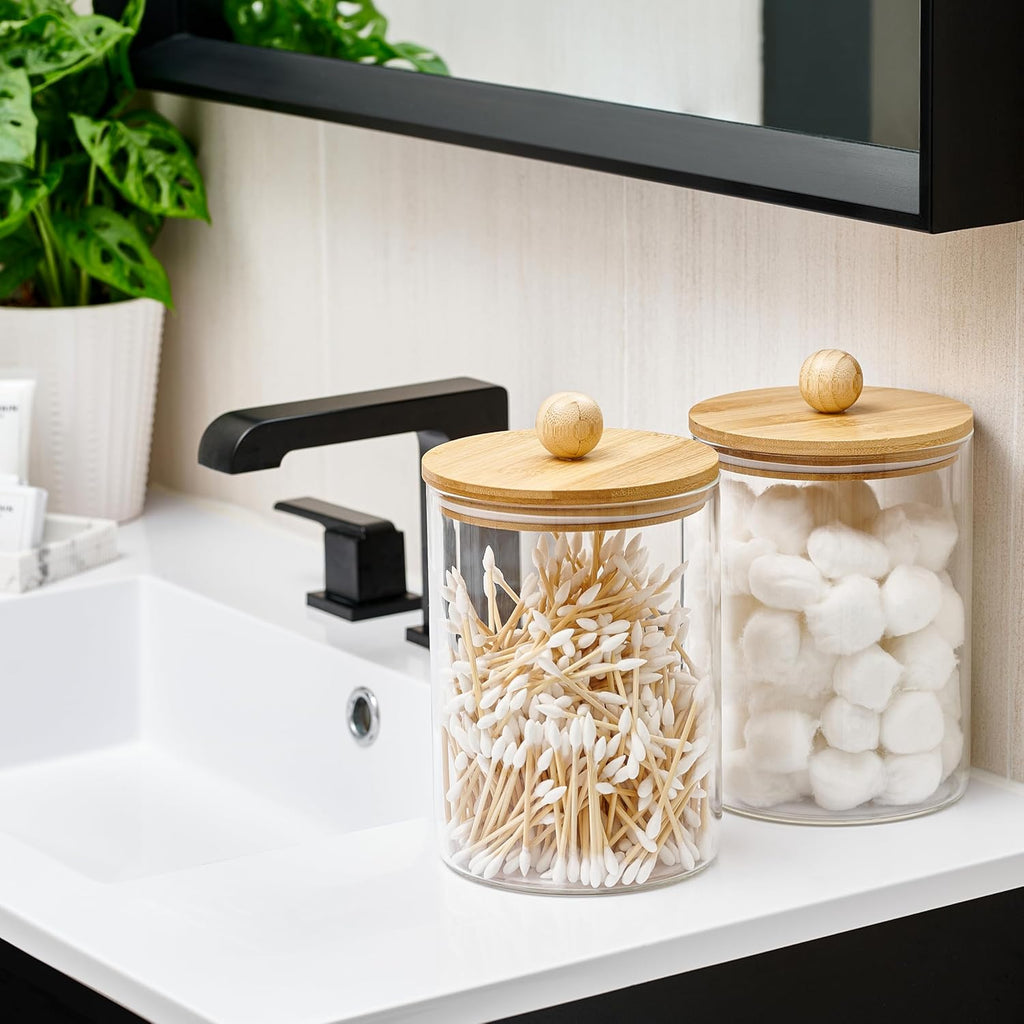 Glass Canisters Counter with Airtight Bamboo Lids + Marker & Labels - 68oz. Large Cookie Jars Wooden Lid - Set of 2