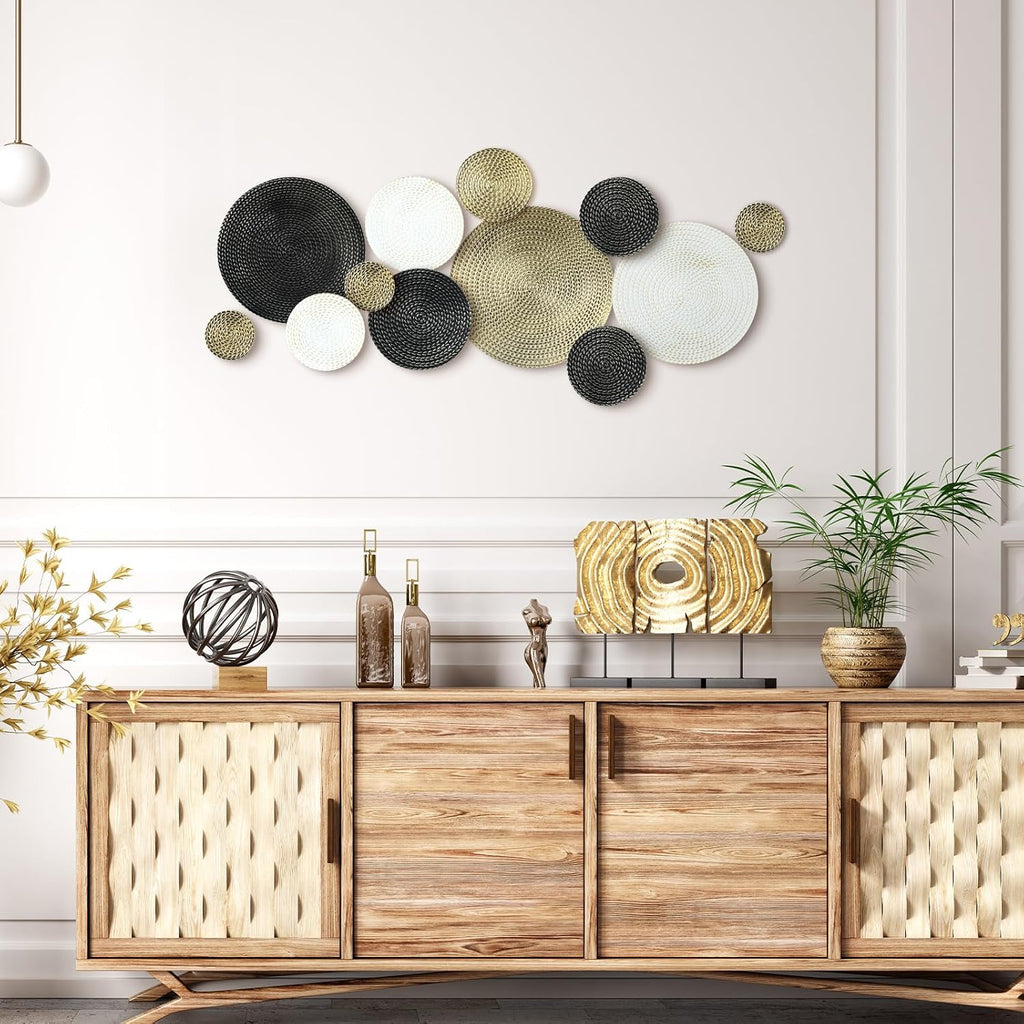 Black Gold and White Metal Wall Decor 3.9 to 13.8 Inch Large Modern Round Metal Wall Art 3D Circles Textured - Set of 12