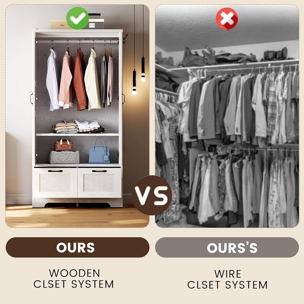 71" Wooden Armoire Wardrobe Closet with 2 Drawers & Hanging Rod | Freestanding Clothing Storage Cabinet with 2 Doors