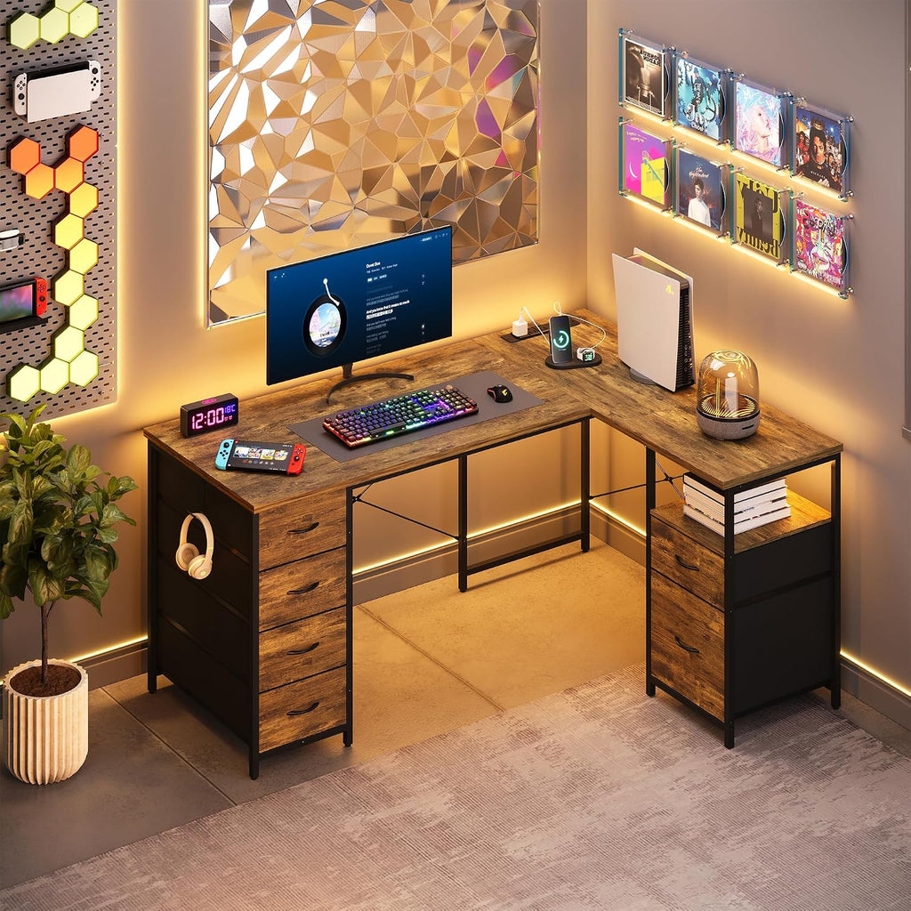 55 Inch L Shaped Office Desk with 6 Drawers & Type-C Port, Rustic Brown | File Cabinet, Power Outlets, Reversible
