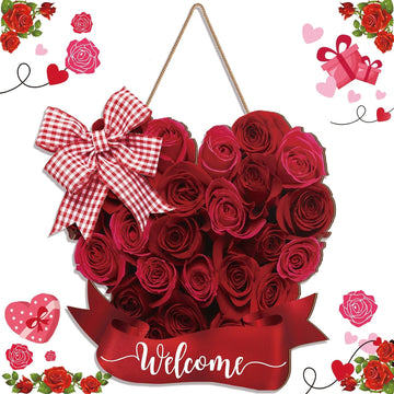Valentine's Day Wooden Hanging Welcome Sign Romantic Retro Rose Door Decor Rustic Farmhouse Wreath Sign Door