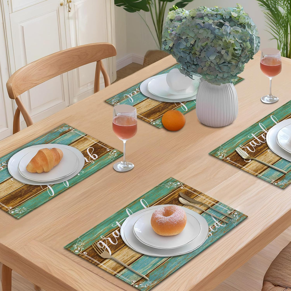 Farmhouse Teal Placemats Thankful Blessed Table Mats - Set of 4