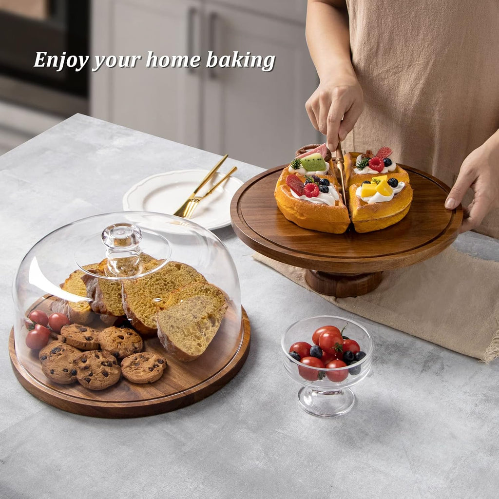 Cake Stand with Dome Lid, Acacia Wood Cake Plate with Cover