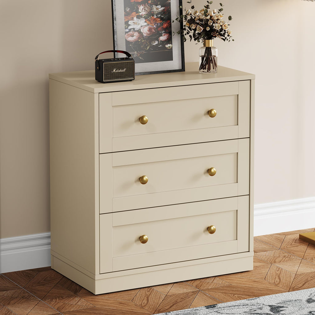 Small 3 Drawer, Beige, Wood Nightstand with Drawers, Modern Chest of Drawers for Closet, Living Room, Entryway