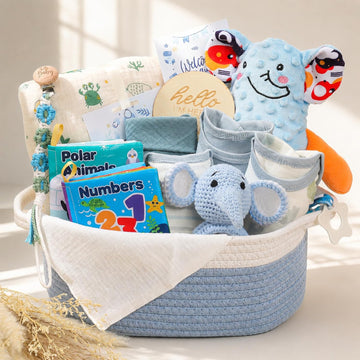 Baby Boy Gifts Basket,Newborn Baby Gifts for Boys,Baby Shower Gift for Baby Boy with Blanket Onesies Toys,Gender