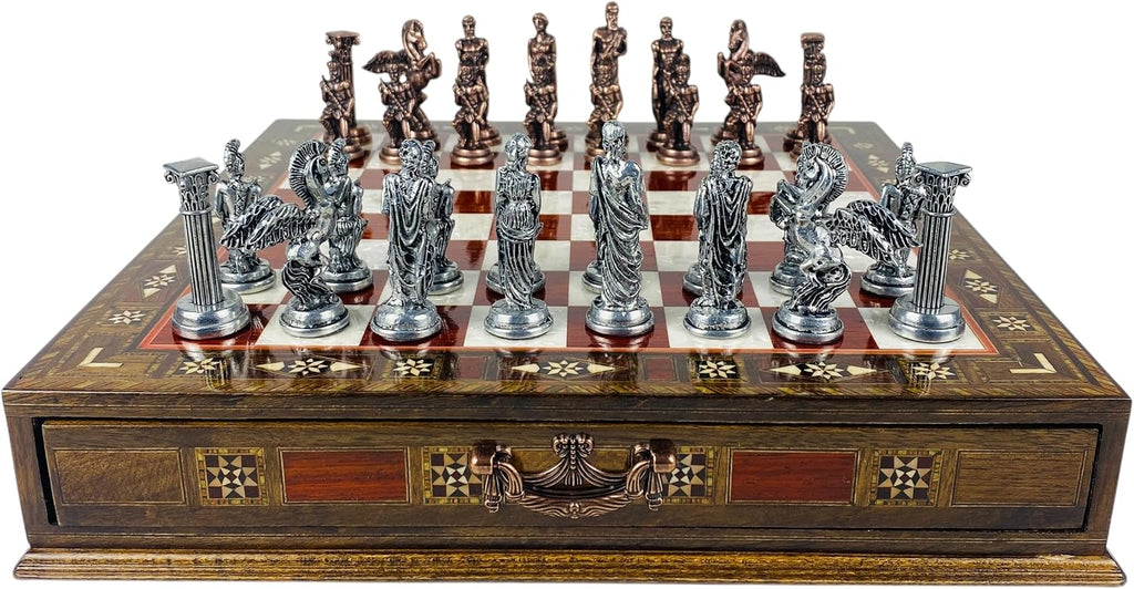 Premium Handmade Chess Set with Storage Drawer- Ancient Greek Mythology Themed Metal Chess Pieces- 15" Personalizable