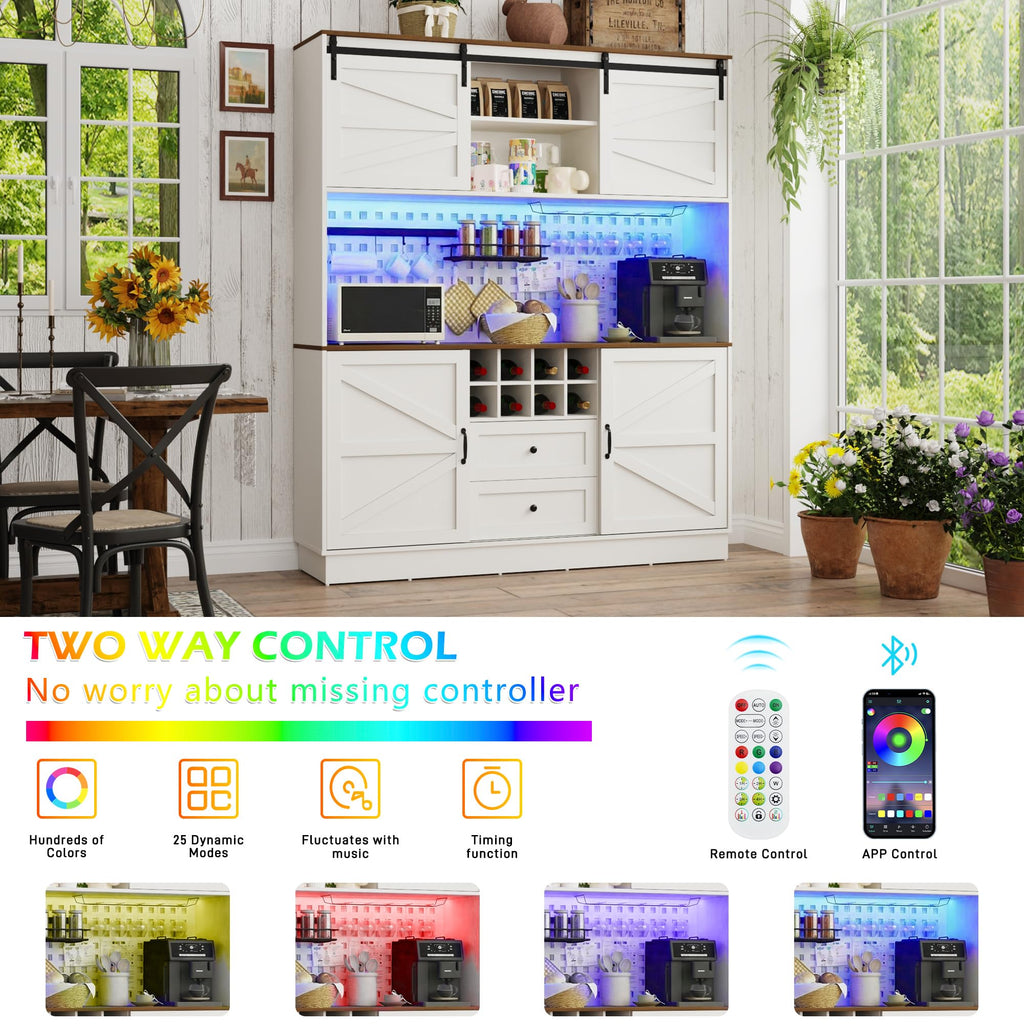 75"Tall 63"W Extra Large Farmhouse Kitchen Storage Pantry Hutch Cabinet w/Power Outlet, Pegboard, Coffee Bar
