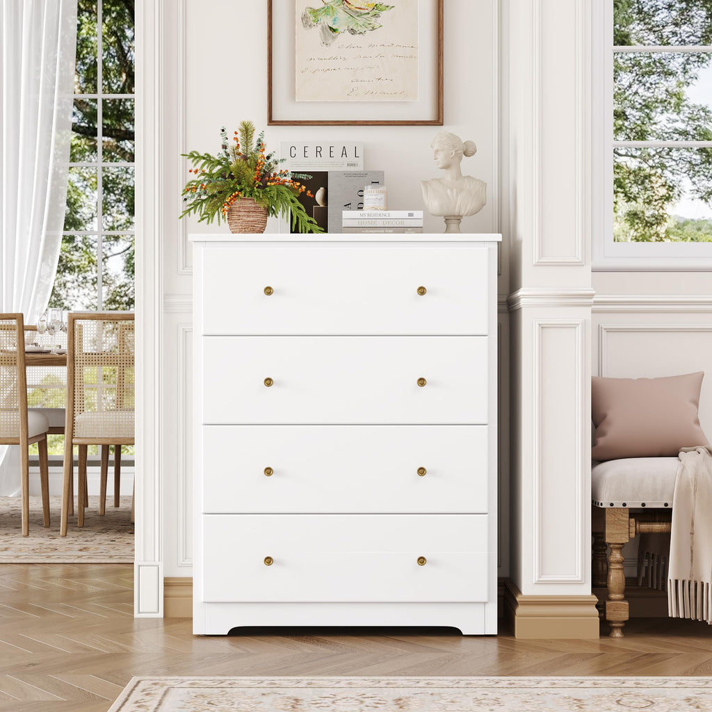 White Dresser with 4 Drawers, 29" W Chest of Drawers, Wood Dresser | Modern 4 Drawers Dresser, Space-Saving Vertical