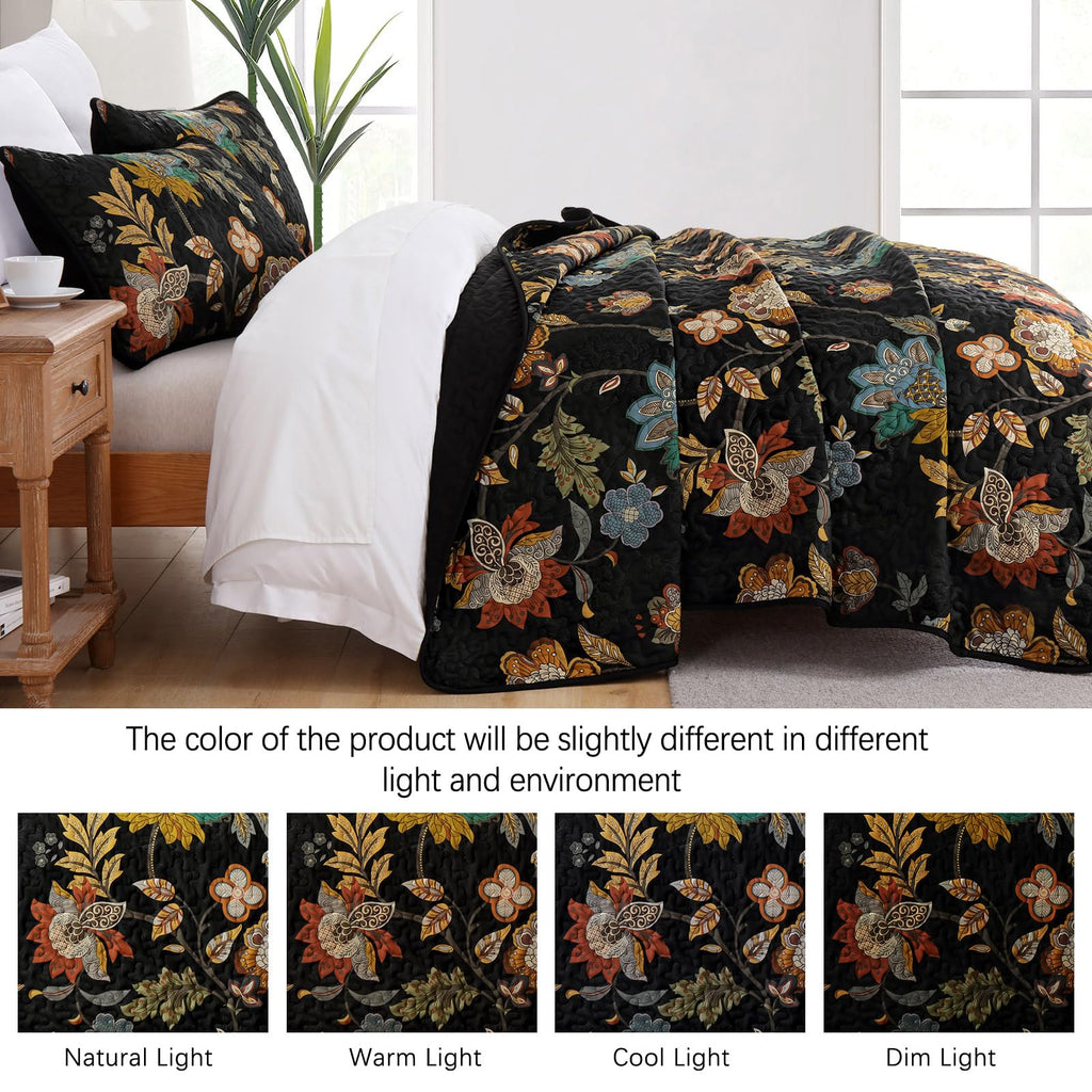 Floral Quilt, Black Vintage Botanical Bedspread