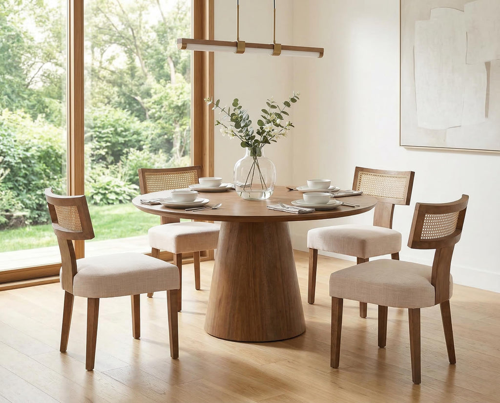Rattan Dining Chairs Set of 2, Modern Dining Chairs, Kitchen Dining Room Chair, Curved Cane Back Upholstered Linen