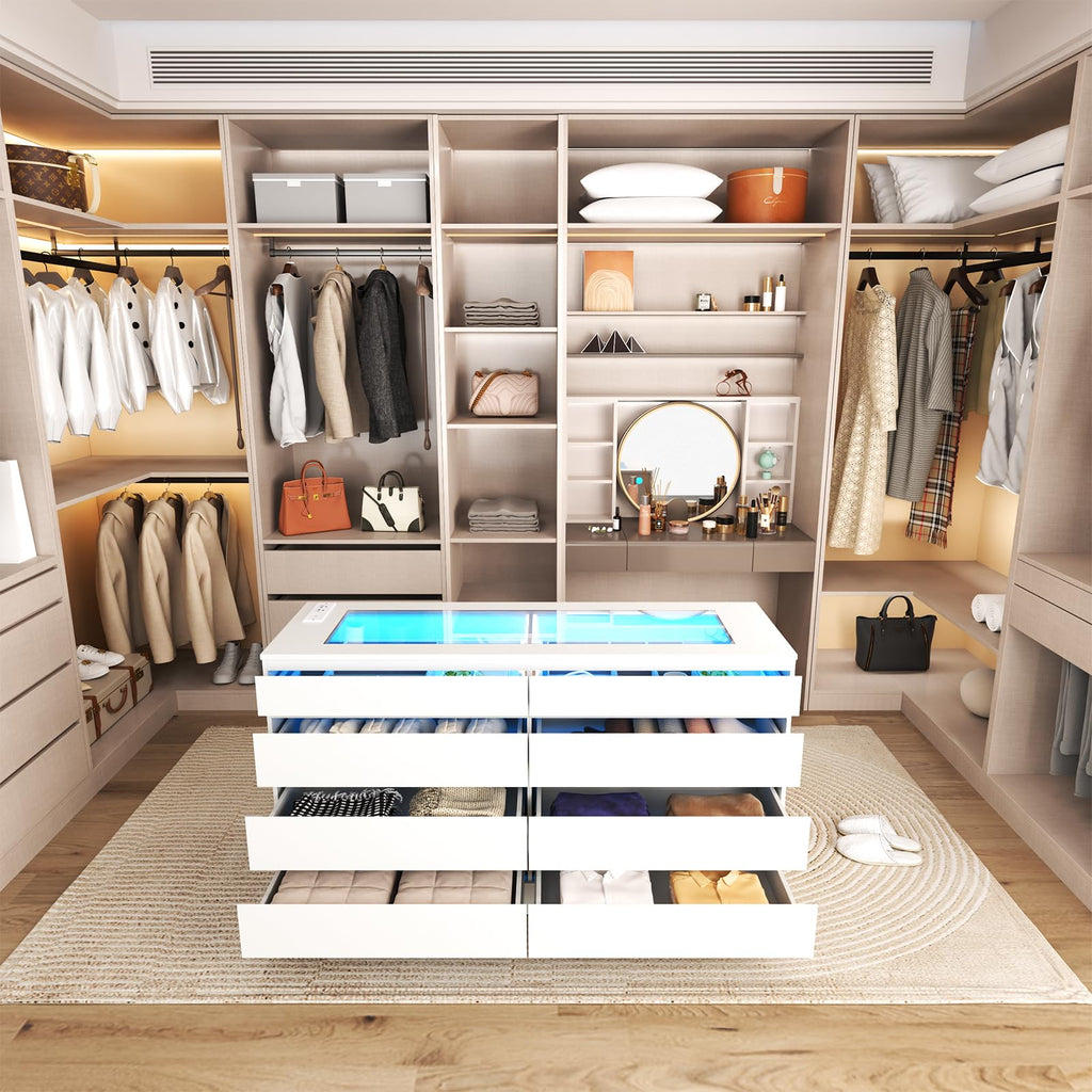8 Drawer Dresser with Power Outlet, Modern Chest of Drawers with LED Light & Glass Top, Wood Double Dresser TV Stand