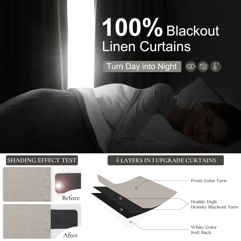 Grayish Flax Linen Blend Black Out Curtains 96 Inch Long 2 Panels Set, Elegant Room Darkening Insulated Boho Window