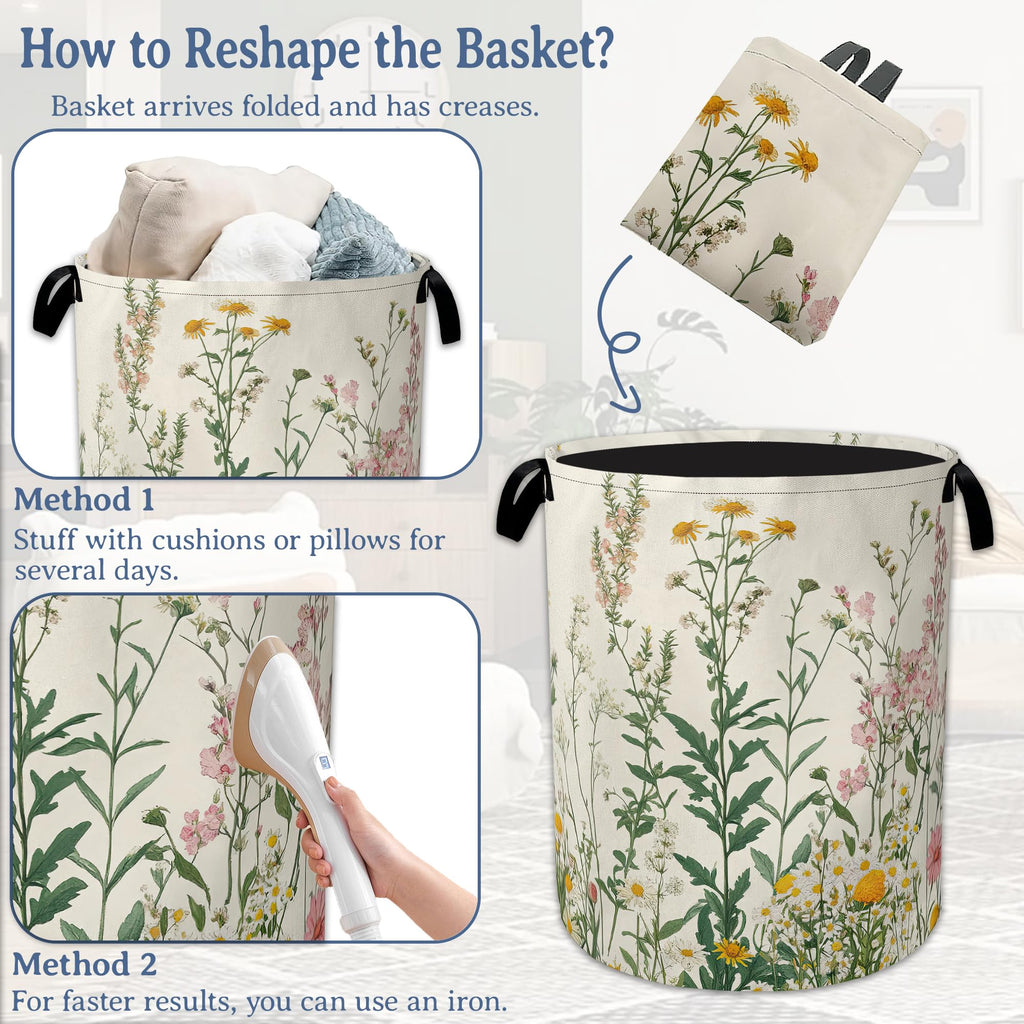 Wildflowers Laundry Hamper With Handle,Foldable Oxford Cloth Vintage Herb Flower Botanical Laundry Basket,20.8"x16"