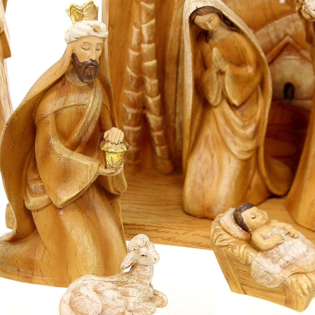 9pc Set 12" Carved Nativity with Scene Back Drop, Faux Wood Grain