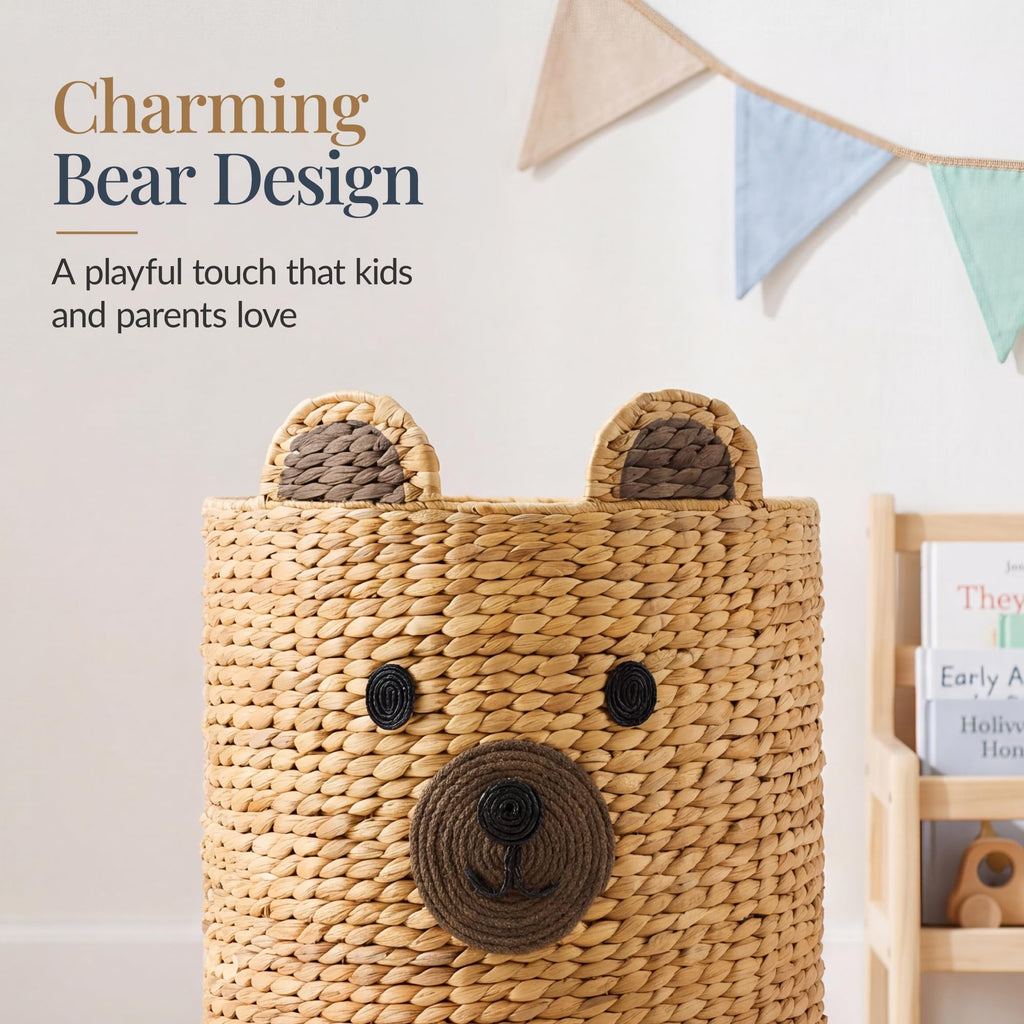 Kids Large Bear Laundry Hamper, Handwoven Water Hyacinth Laundry Basket, Nursery & Kids' Room Storage Basket For